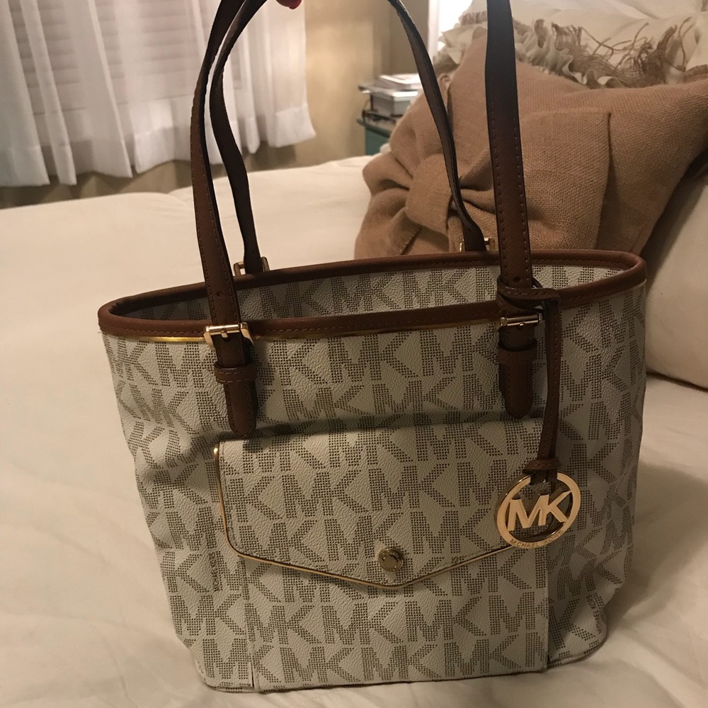 Signature White MK Pocket Tote- Michael Kors